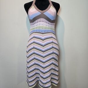 Pink Rose Women's Crochet Knit Tie Neck Mini Dress Medium